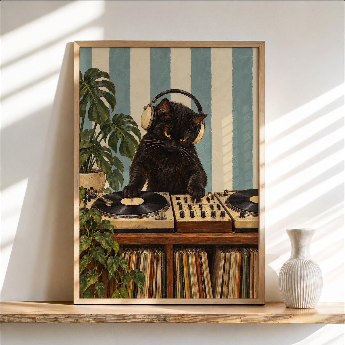 DJ Cat Print, Record Player Turntable Wall Art, Funny Music Room Black Cat Poster, Vinyl Lover Gift, Striped Decor