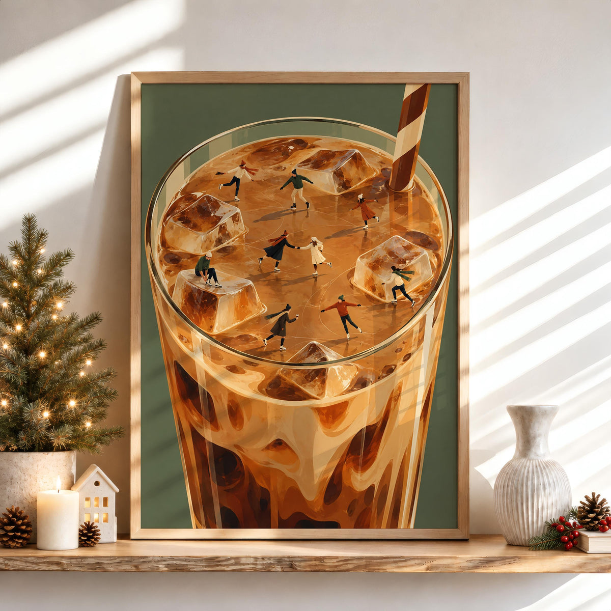 Ice Skaters Iced Coffee Print, Tiny People Miniature Wall Art, Winter Skating Poster, Surreal Coffee Nook Decor, Whimsical Kitchen Christmas