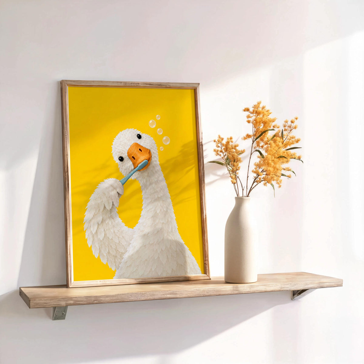 Silly Goose Brushing Teeth Print, Toothbrush Duck Wall Art, Funny Bathroom Poster, Animal Bath Decor, Fun Kids Decor, Nursery Illustration
