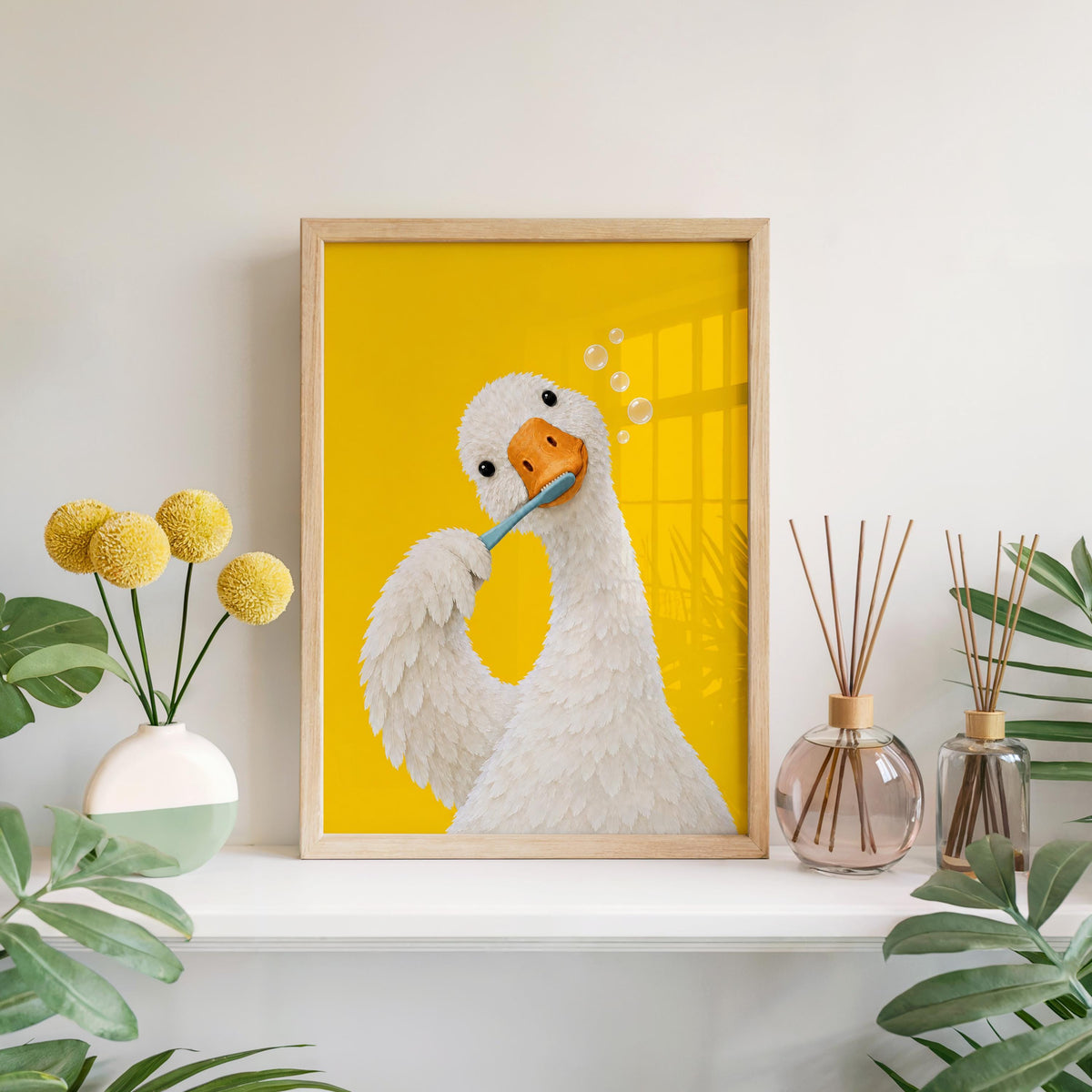 Silly Goose Brushing Teeth Print, Toothbrush Duck Wall Art, Funny Bathroom Poster, Animal Bath Decor, Fun Kids Decor, Nursery Illustration