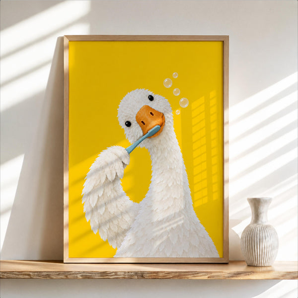 Silly Goose Brushing Teeth Bathroom Print