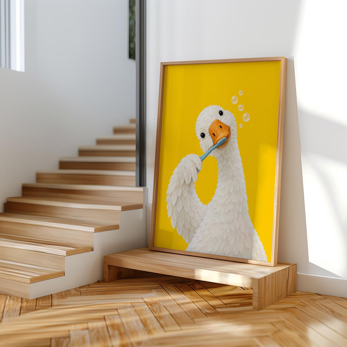 Silly Goose Brushing Teeth Print, Toothbrush Duck Wall Art, Funny Bathroom Poster, Animal Bath Decor, Fun Kids Decor, Nursery Illustration