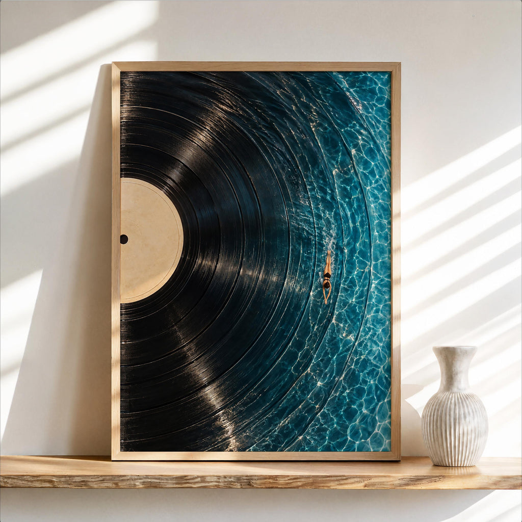 Framed vertical vinyl record wall art resting on rustic wood shelf, turquoise-grooved pool, warm cream label