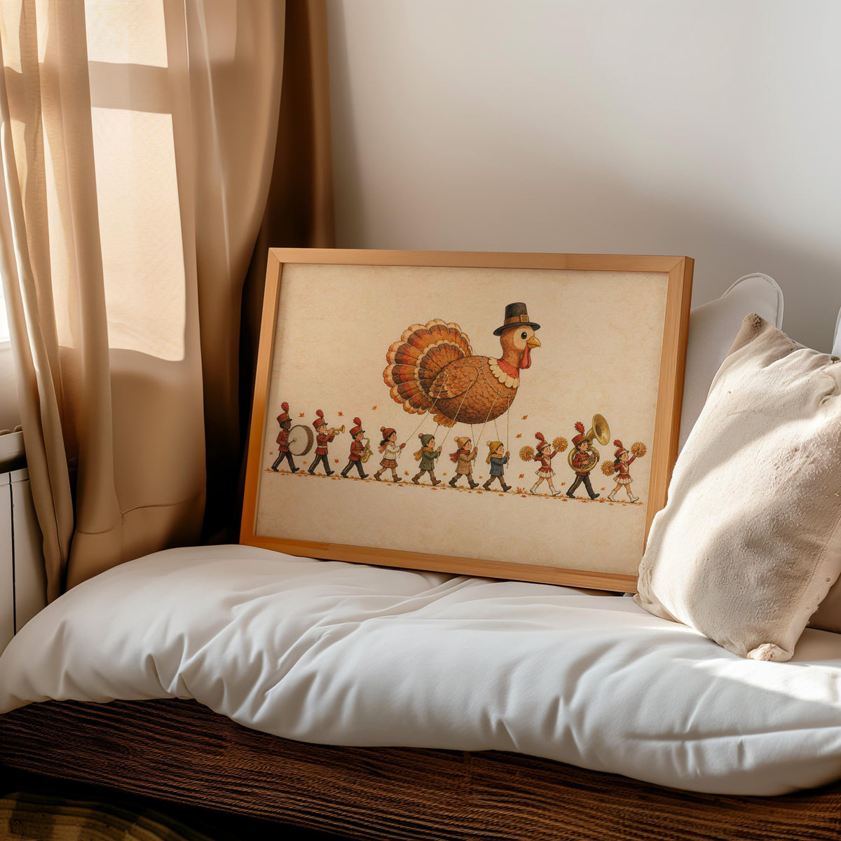 Thanksgiving Turkey Kids Parade Wall Art, Whimsical NYC Marching Band Autumn Poster, Vintage Fall Holiday Print