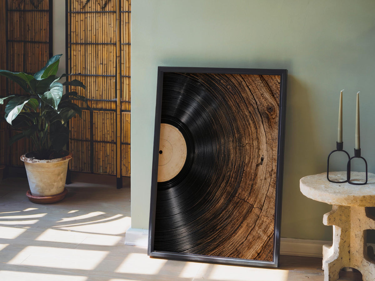 Vinyl Record Tree Ring Wall Art, Wood Grain Music Poster, Surreal Nature Lover Print, Conceptual Rustic Woodland Decor