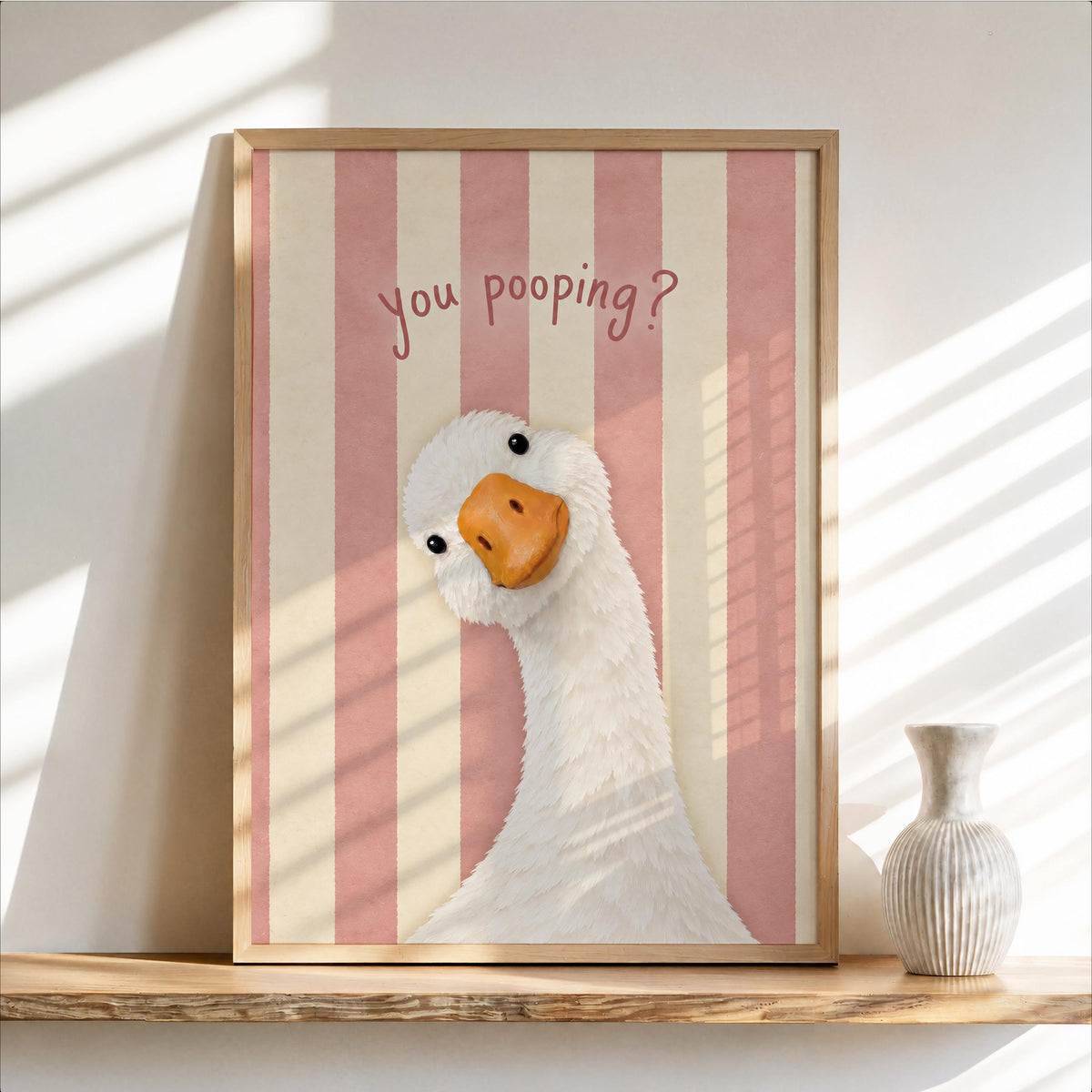 Pink striped framed funny goose bathroom print, soft retro tones, silly goose bathroom decor with cheeky question
