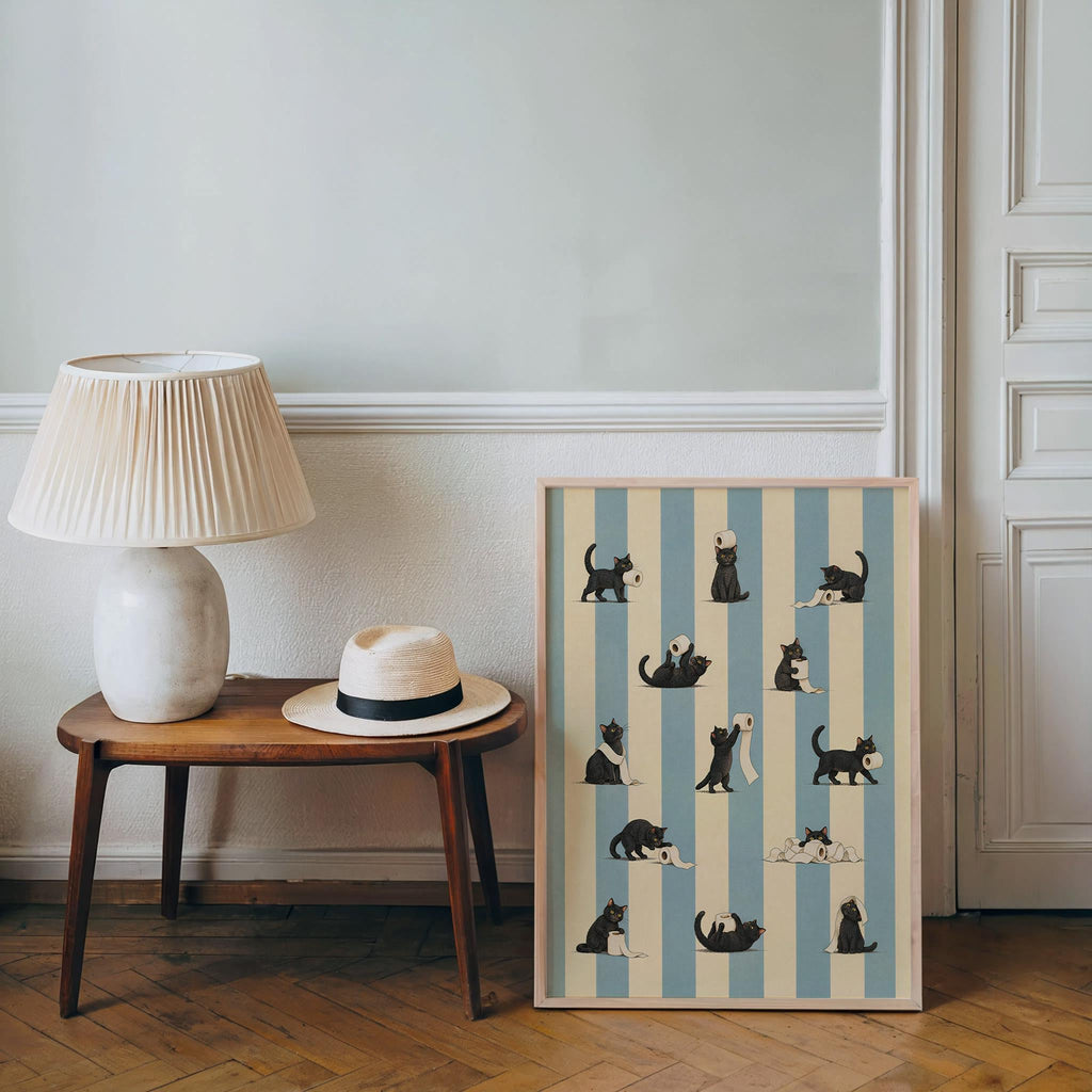 Cat Bathroom Print, Funny Toilet Paper Cats, Vintage Striped Animal Wall Art, Quirky Restroom Decor