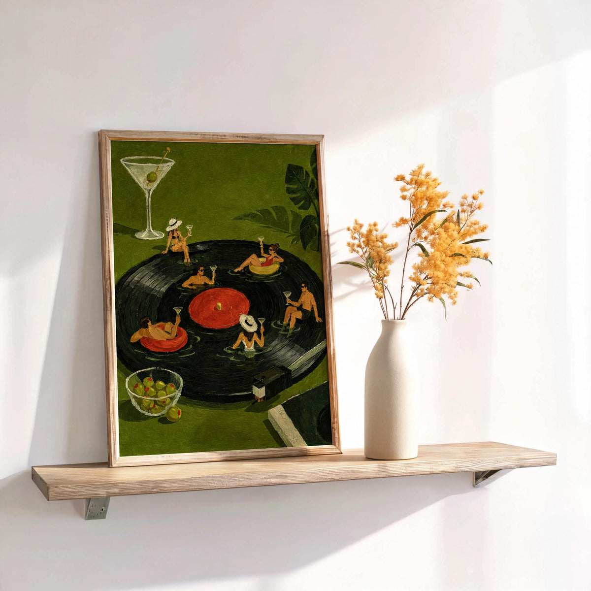 Tiny People on Vinyl Record Wall Art, Martini Cocktail Party Illustration, Record Collector Gift, Stylish Bar Cart Decor, Surreal Poster