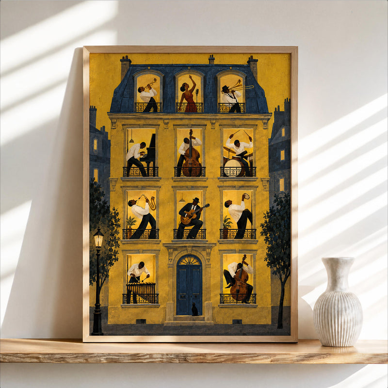 Jazz Music House Print, Black Musicians in Windows Wall Art, Afrocentric Soul Decor, French European Street, Trumpet Piano Guitar & Drums