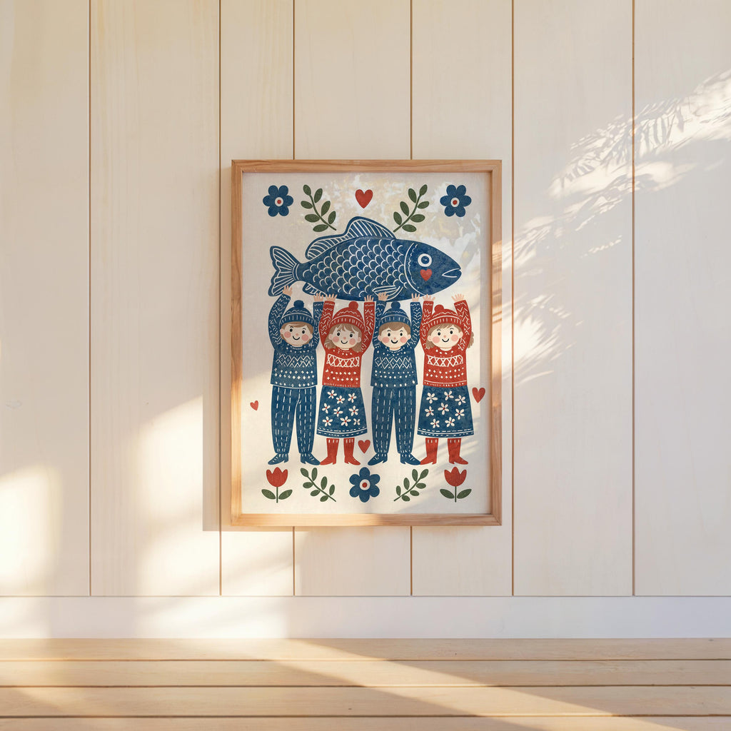 Folk Fish Art Poster, Scandinavian Design, Coastal Kitchen Decor, Nordic Seafood Gift, Blue Ocean Illustration, Scandi Dining Room Print