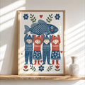 Folk Fish Art Poster, Scandinavian Design, Coastal Kitchen Decor, Nordic Seafood Gift, Blue Ocean Illustration, Scandi Dining Room Print