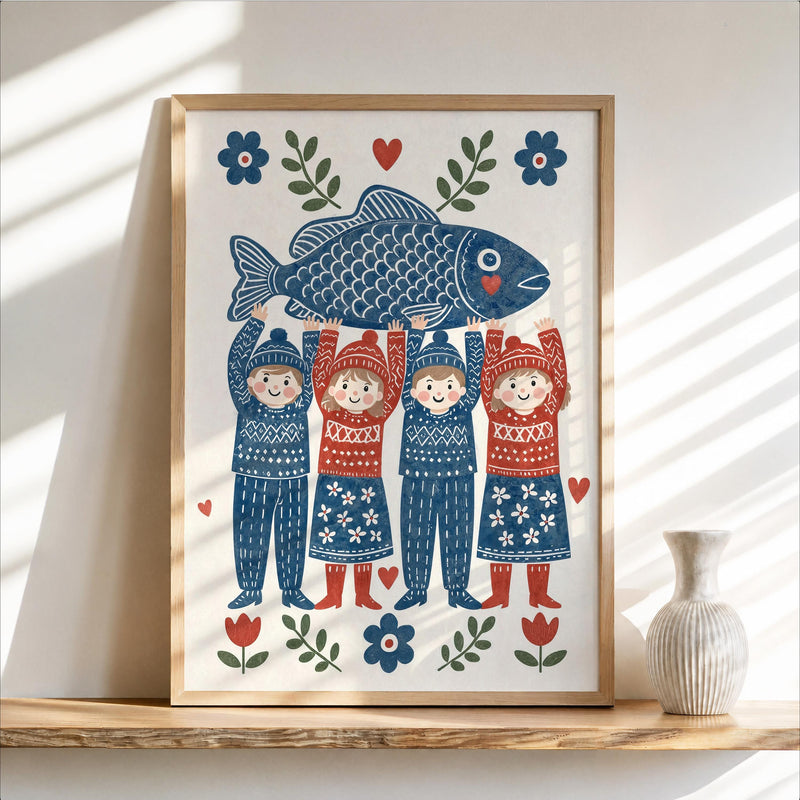 Folk Fish Art Poster, Scandinavian Design, Coastal Kitchen Decor, Nordic Seafood Gift, Blue Ocean Illustration, Scandi Dining Room Print