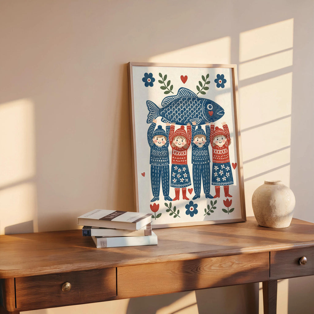 Folk Fish Art Poster, Scandinavian Design, Coastal Kitchen Decor, Nordic Seafood Gift, Blue Ocean Illustration, Scandi Dining Room Print