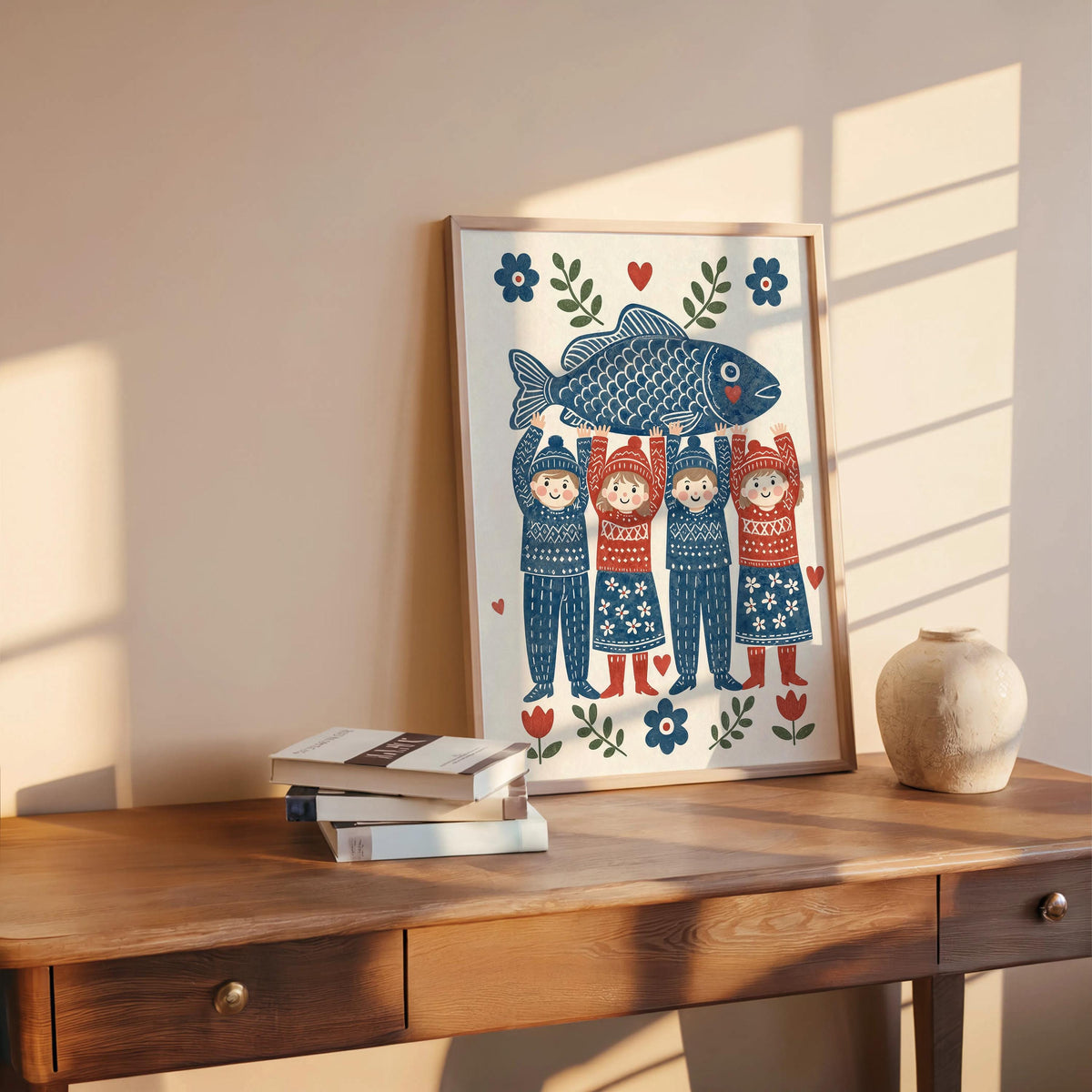 Folk Fish Art Poster, Scandinavian Design, Coastal Kitchen Decor, Nordic Seafood Gift, Blue Ocean Illustration, Scandi Dining Room Print