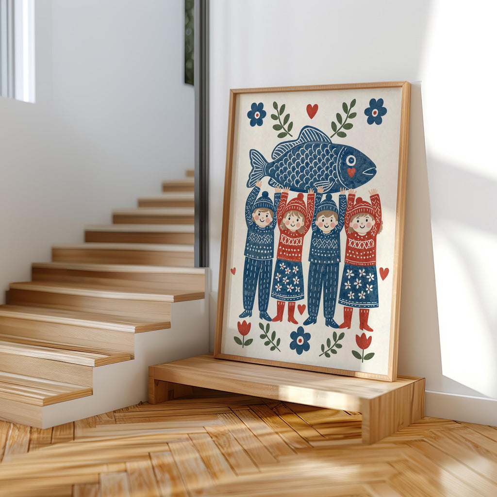 Folk Fish Art Poster, Scandinavian Design, Coastal Kitchen Decor, Nordic Seafood Gift, Blue Ocean Illustration, Scandi Dining Room Print