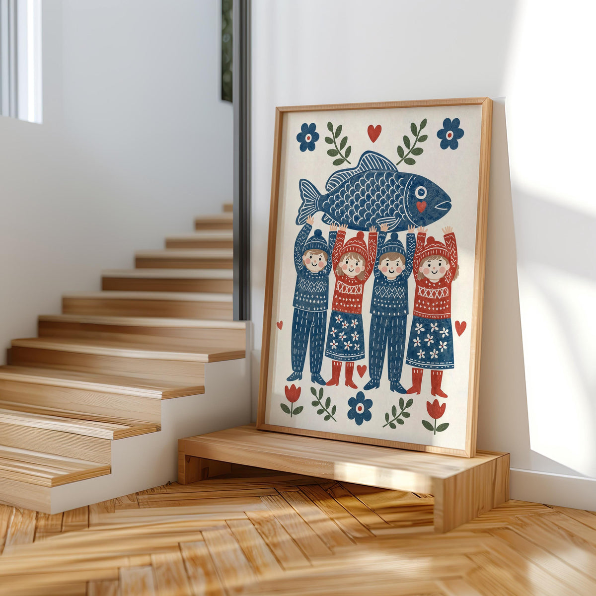 Folk Fish Art Poster, Scandinavian Design, Coastal Kitchen Decor, Nordic Seafood Gift, Blue Ocean Illustration, Scandi Dining Room Print