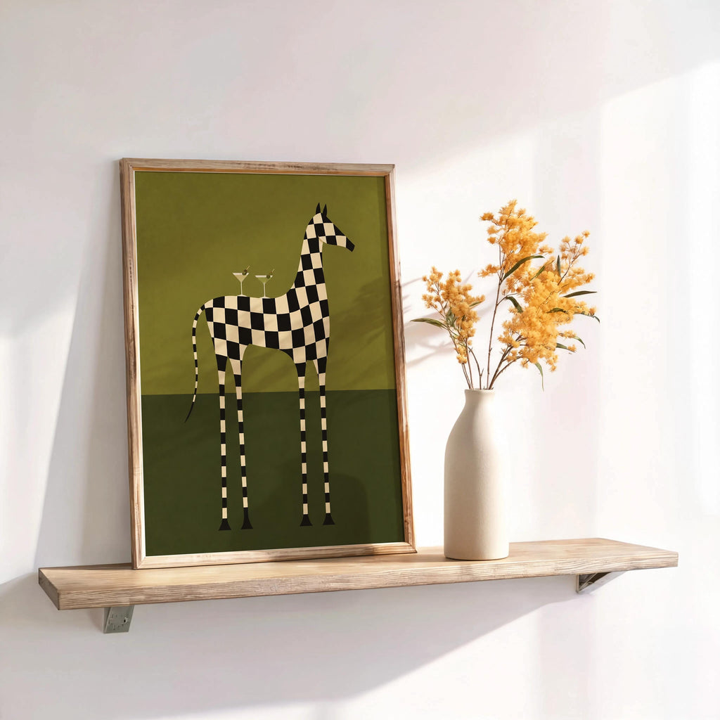 Checkerboard Horse Martini Print, Black and White Equestrian Poster, Cocktail Wall Art, Modern Abstract Decor, Zebra Lover Gift