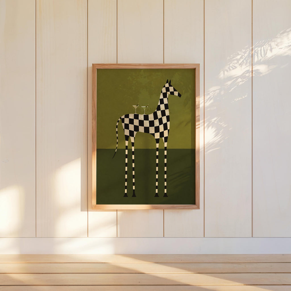 Checkerboard Horse Martini Print, Black and White Equestrian Poster, Cocktail Wall Art, Modern Abstract Decor, Zebra Lover Gift