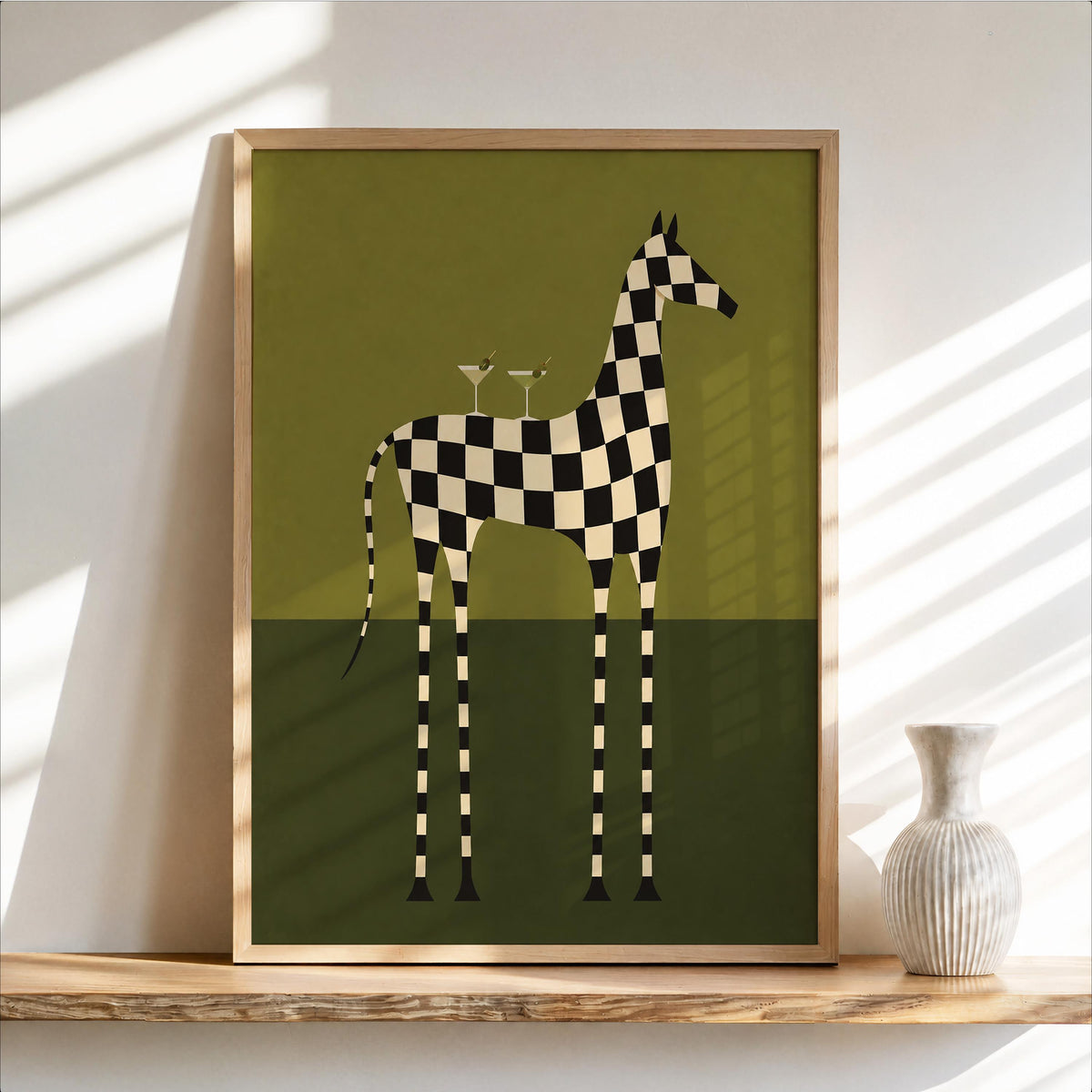 Checkerboard Horse Martini Print, Black and White Equestrian Poster, Cocktail Wall Art, Modern Abstract Decor, Zebra Lover Gift