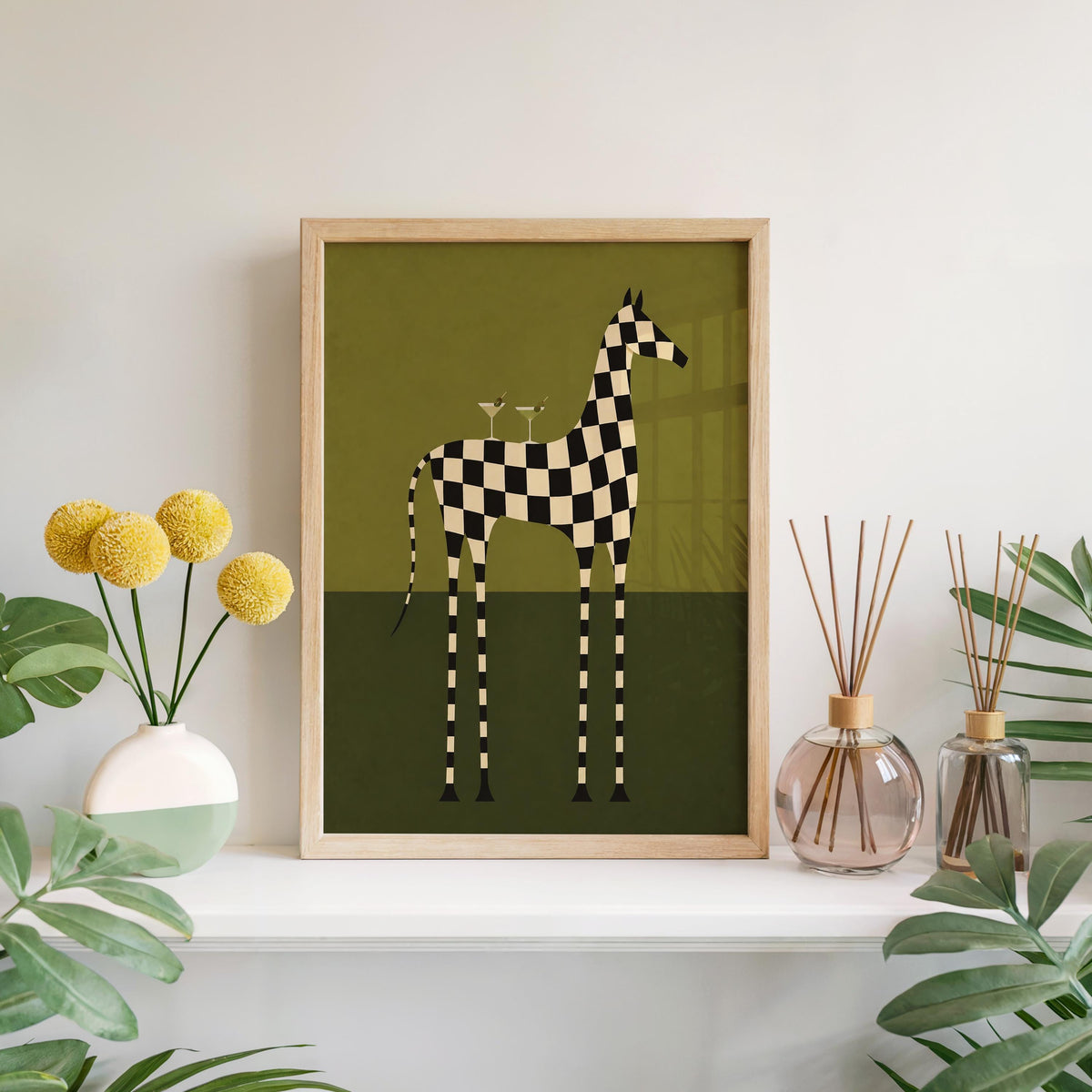 Checkerboard Horse Martini Print, Black and White Equestrian Poster, Cocktail Wall Art, Modern Abstract Decor, Zebra Lover Gift
