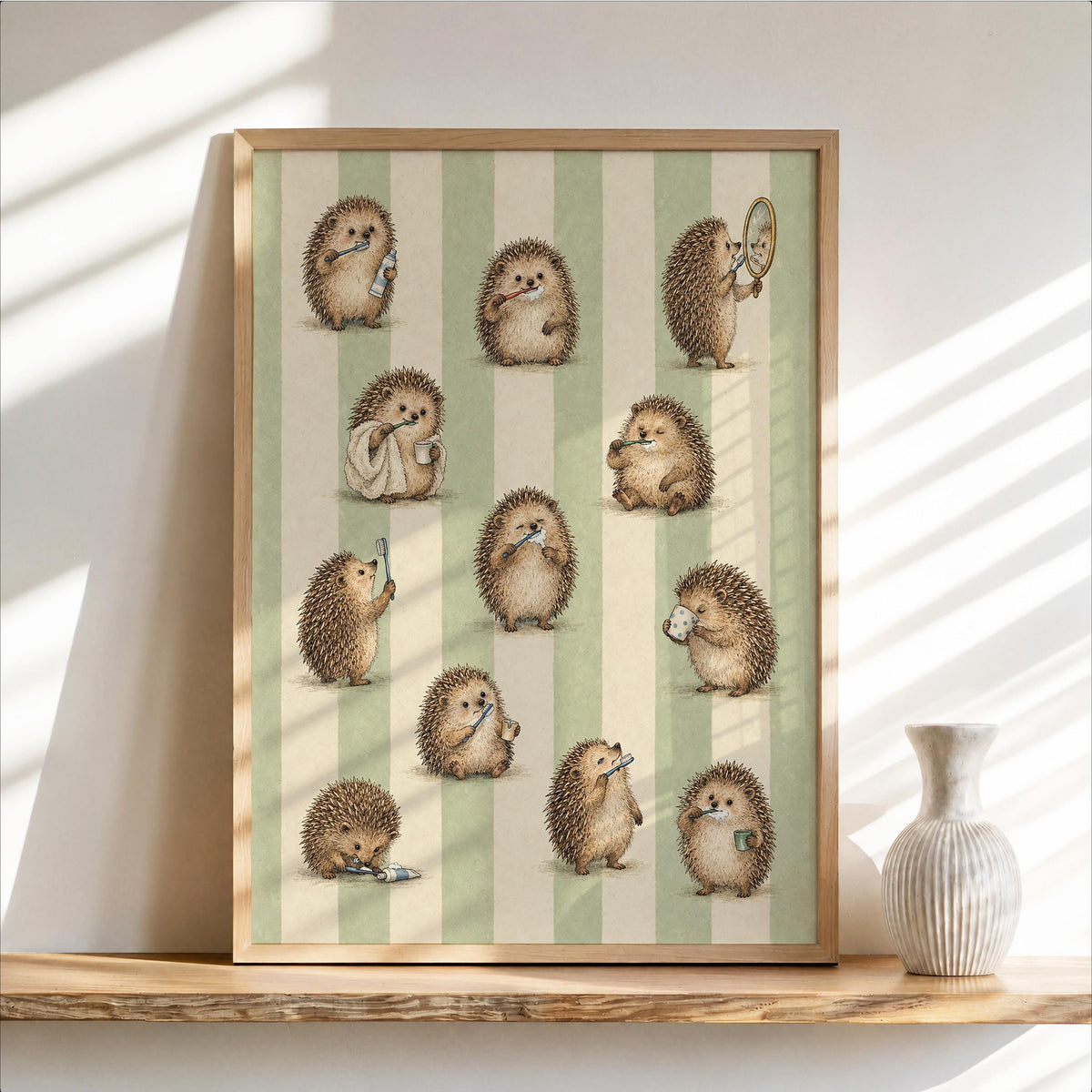 Hedgehog Brushing Teeth Print, Whimsical Animal & Toothbrush Wall Art, Vintage Green Stripe Poster, Cute Bathroom Decor, Retro Gift