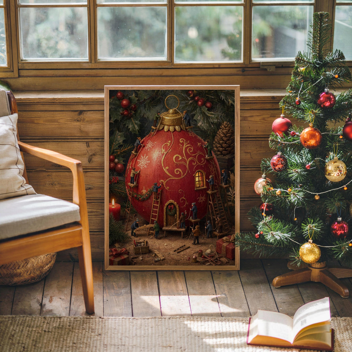 Tiny People Decorating a Giant Christmas Bauble Print, Storybook Holiday Poster, Nostalgic Winter Workshop Wall Art, Xmas Decor