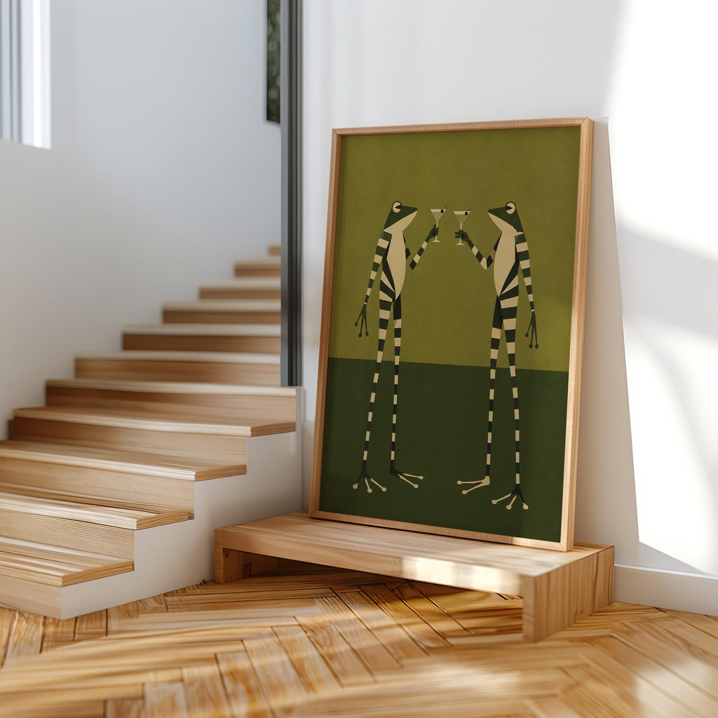 Striped Frogs Martini Print, Vintage Frog Wall Art, Abstract Funny Poster, Quirky Cocktail Decor, Retro Bar Artwork, Animal Lover Gift