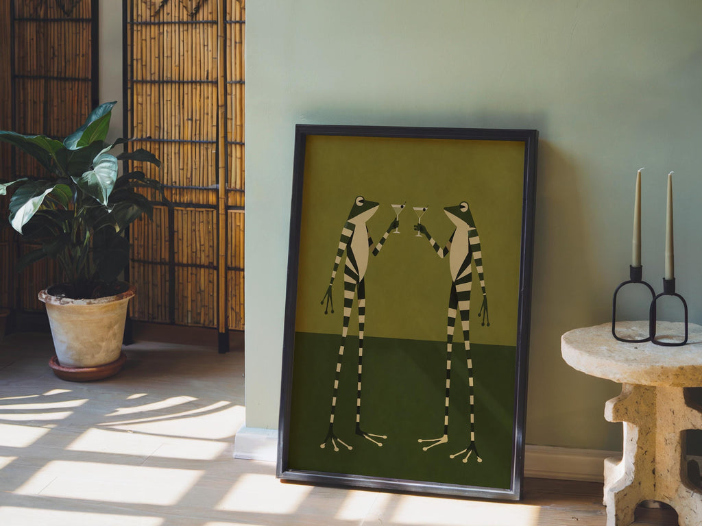 Striped Frogs Martini Print, Vintage Frog Wall Art, Abstract Funny Poster, Quirky Cocktail Decor, Retro Bar Artwork, Animal Lover Gift
