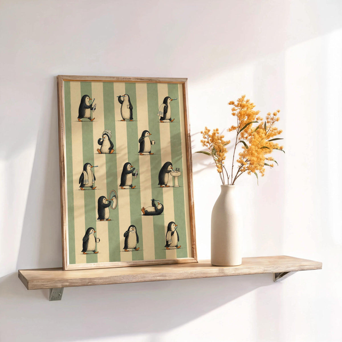 Framed penguin brushing teeth print on a rustic wall shelf, dried flowers in vase, soft morning light