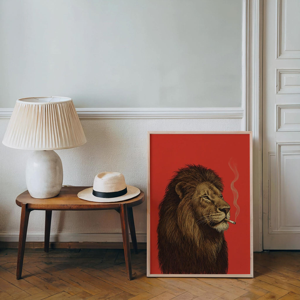 Lion Smoking Cigarette Print, Retro Big Cat Poster, Funny Bold Red Wall Art, Maximalist Animal Decor, Stylish Safari Gift for Men