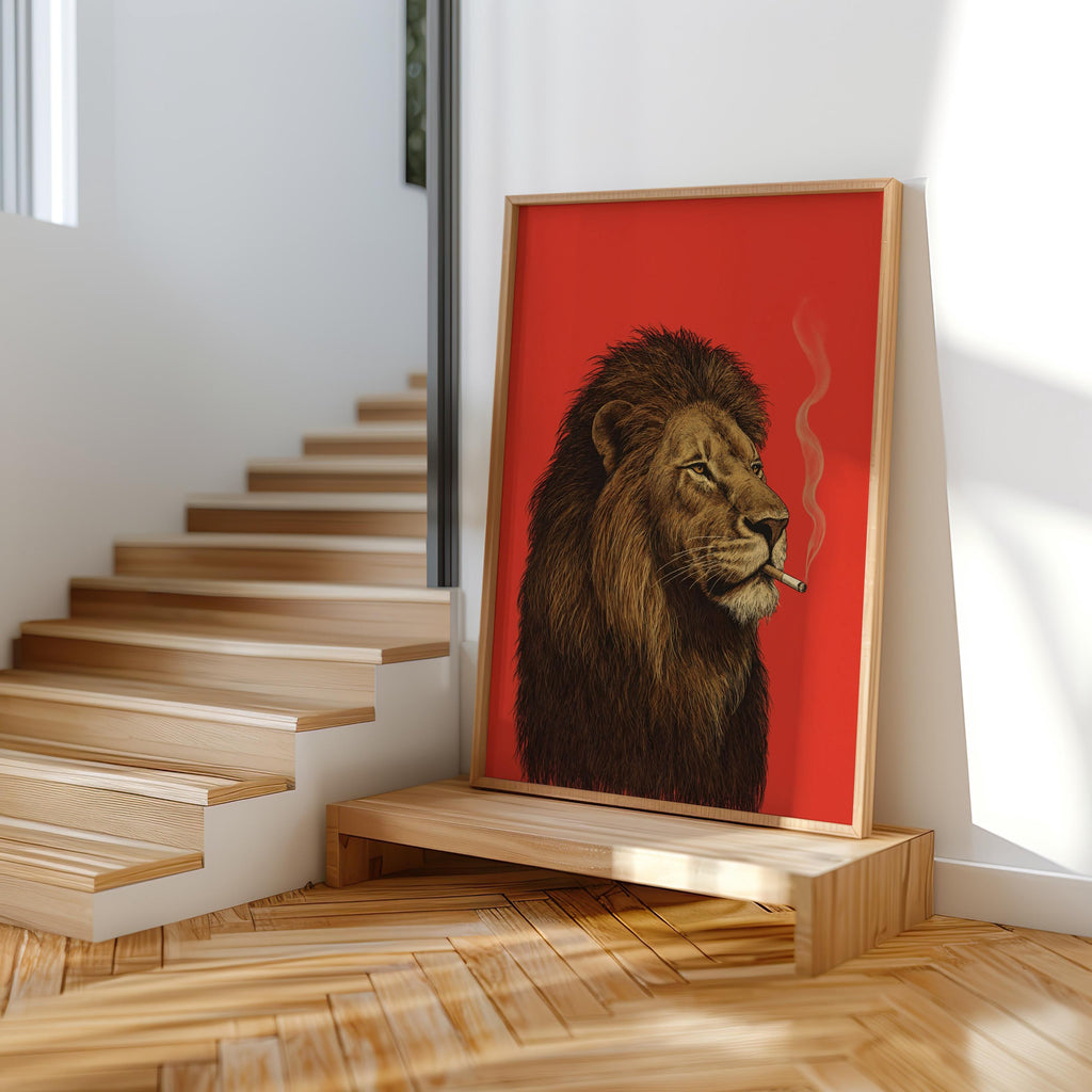Lion Smoking Cigarette Print, Retro Big Cat Poster, Funny Bold Red Wall Art, Maximalist Animal Decor, Stylish Safari Gift for Men
