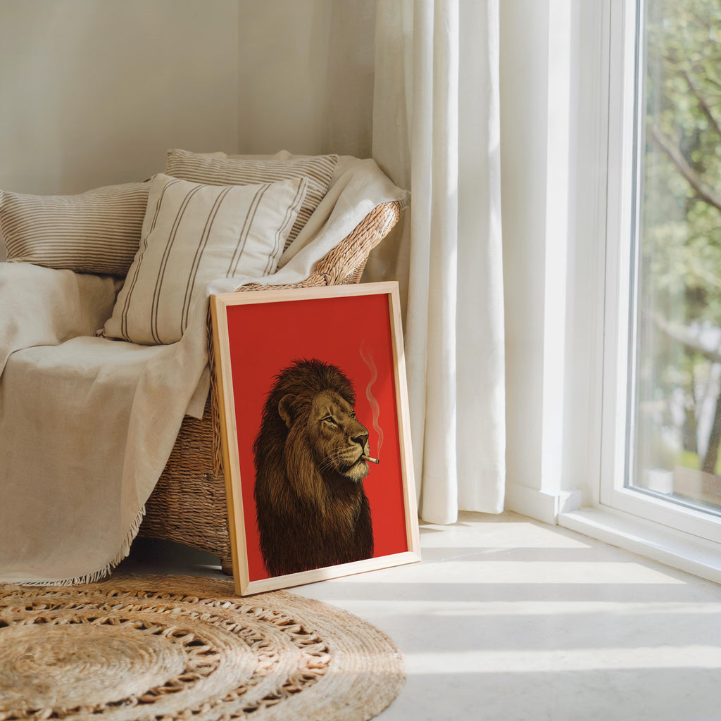 Lion Smoking Cigarette Print, Retro Big Cat Poster, Funny Bold Red Wall Art, Maximalist Animal Decor, Stylish Safari Gift for Men