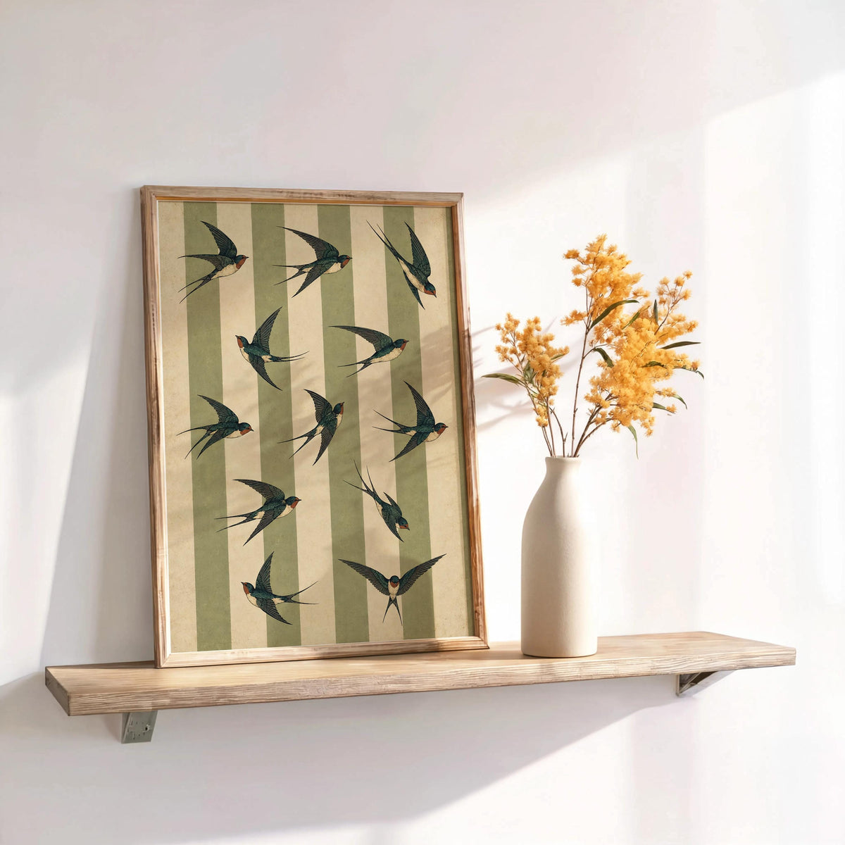 Swallow bird wall art framed print on a floating shelf with dried flowers, vintage bird wall art vibe