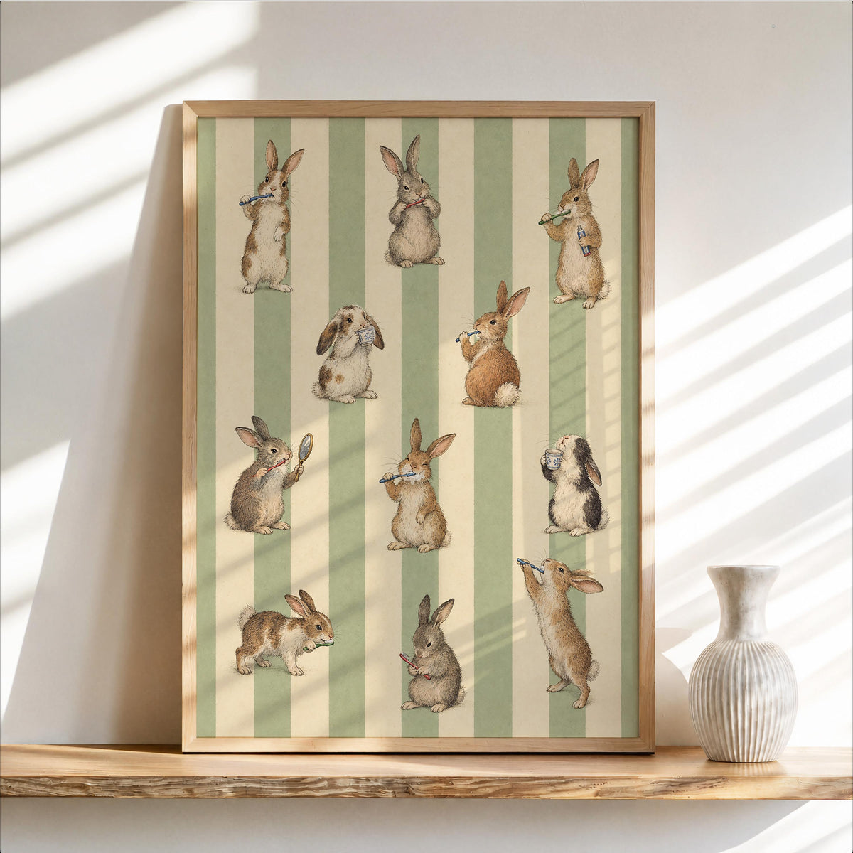 Bunny Brushing Teeth Print, Vintage Rabbit Poster, Green Stripes Wall Decor, Toothbrush Animal Illustration, Cottagecore Bathroom Art