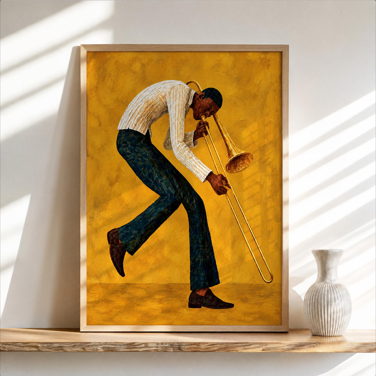 Trombone Player Wall Art, African American Jazz Musician Painting, Afrocentric Artistic Music Print Decor, Abstract Textured Band Gift
