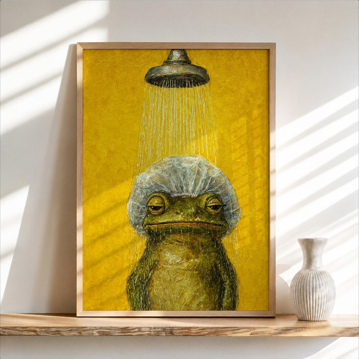 Funny Shower Frog Wall Art, Vintage Bathroom Poster, Grumpy Frog Illustration, Retro Animal Decor, Quirky Restroom Print, Kids Decor
