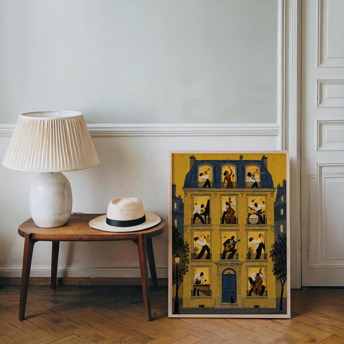 Jazz Apartment Window Poster, Black Musicians in Parisian House Wall Art, French Building Print, Retro Afrocentric Music Decor