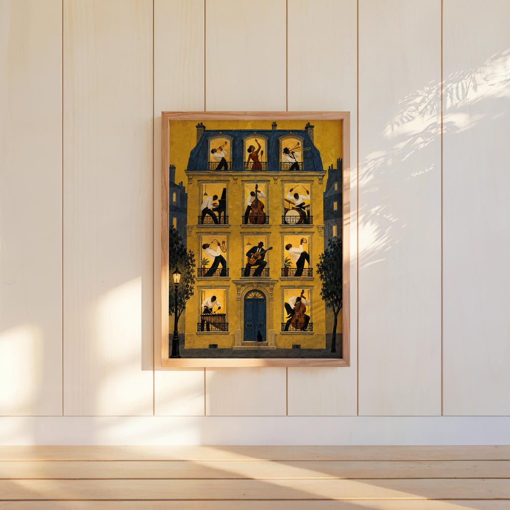 Jazz Apartment Window Poster, Black Musicians in Parisian House Wall Art, French Building Print, Retro Afrocentric Music Decor