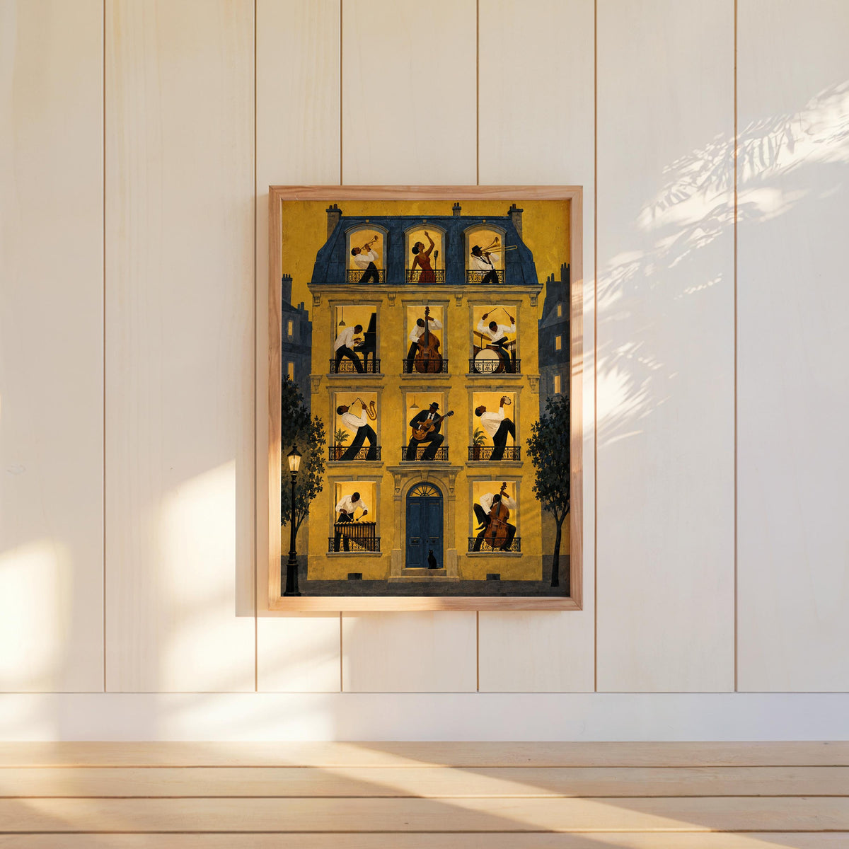 Jazz Apartment Window Poster, Black Musicians in Parisian House Wall Art, French Building Print, Retro Afrocentric Music Decor