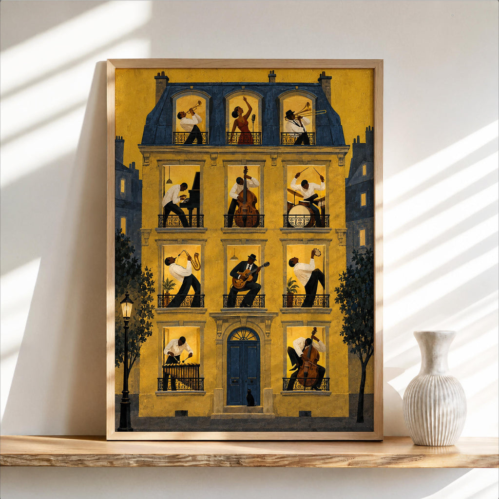 Jazz Apartment Window Poster, Black Musicians in Parisian House Wall Art, French Building Print, Retro Afrocentric Music Decor