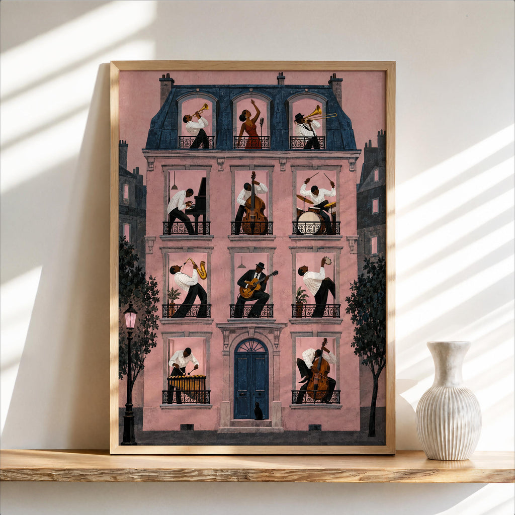 Jazz Apartment Window Poster, Black Musicians in Parisian House Wall Art, French Building Print, Retro Afrocentric Music Decor