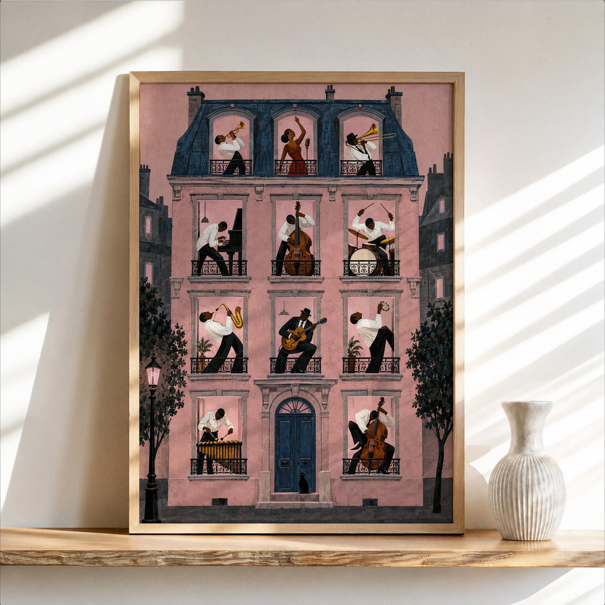 Jazz Apartment Window Poster, Black Musicians in Parisian House Wall Art, French Building Print, Retro Afrocentric Music Decor