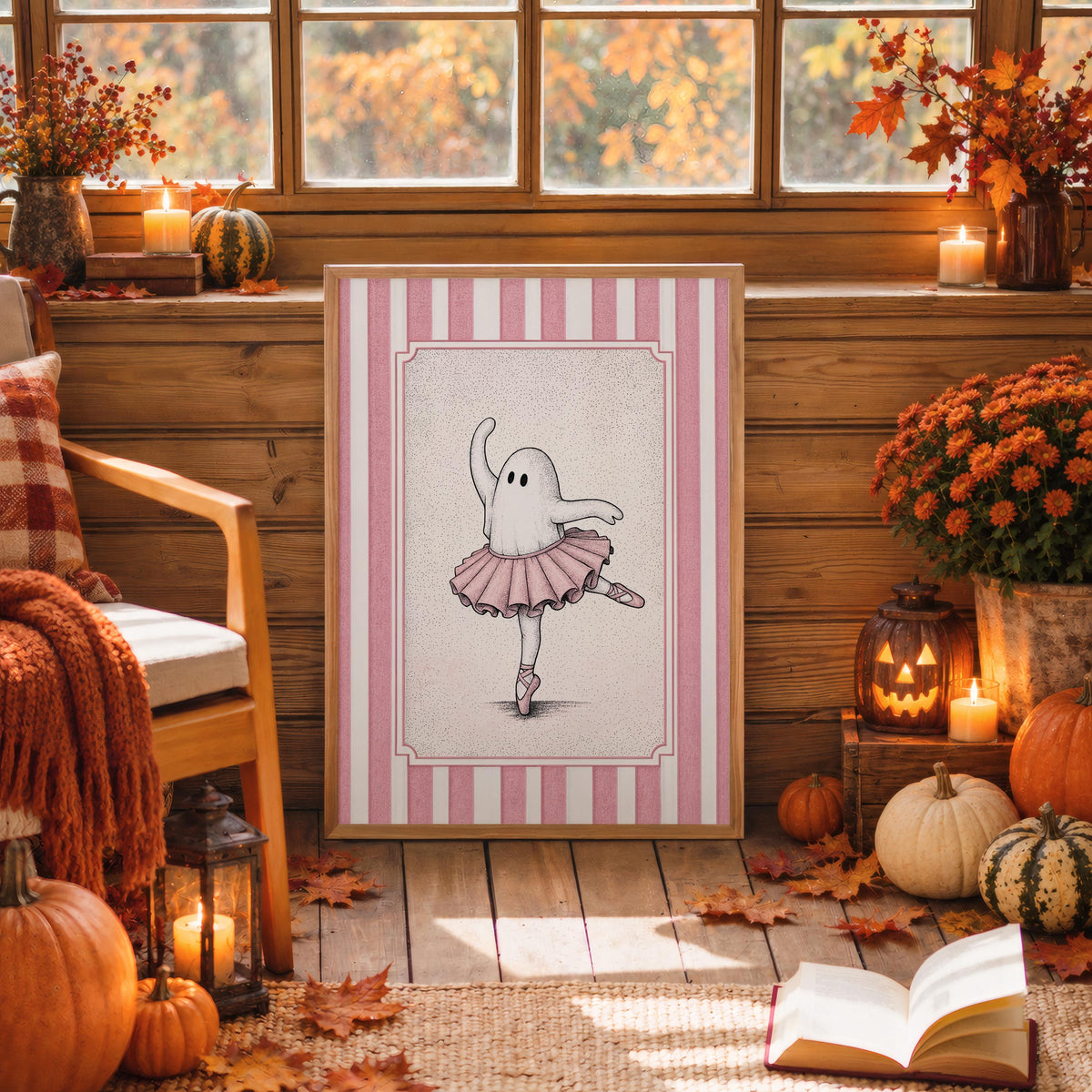 Vintage-style ballerina ghost poster on floor amid pumpkins and cozy rugs, pink tutu ghost print vibe