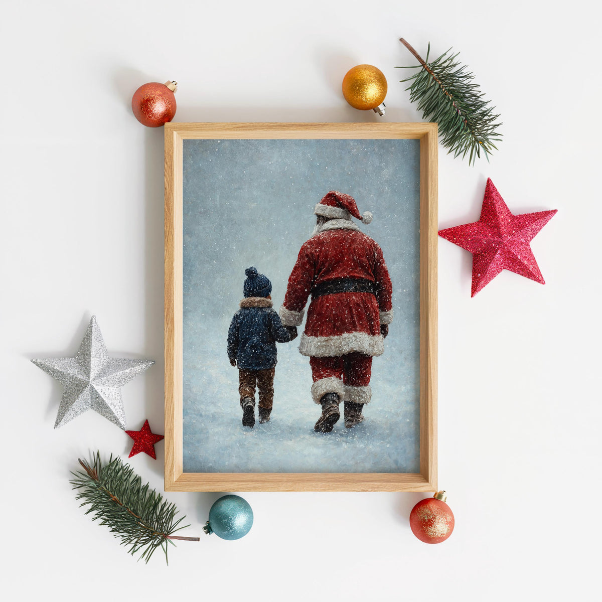 Black Santa & Boy Print, African American Christmas Illustration, Father Son Holiday Art, Afrocentric Winter Decor, Xmas Painting