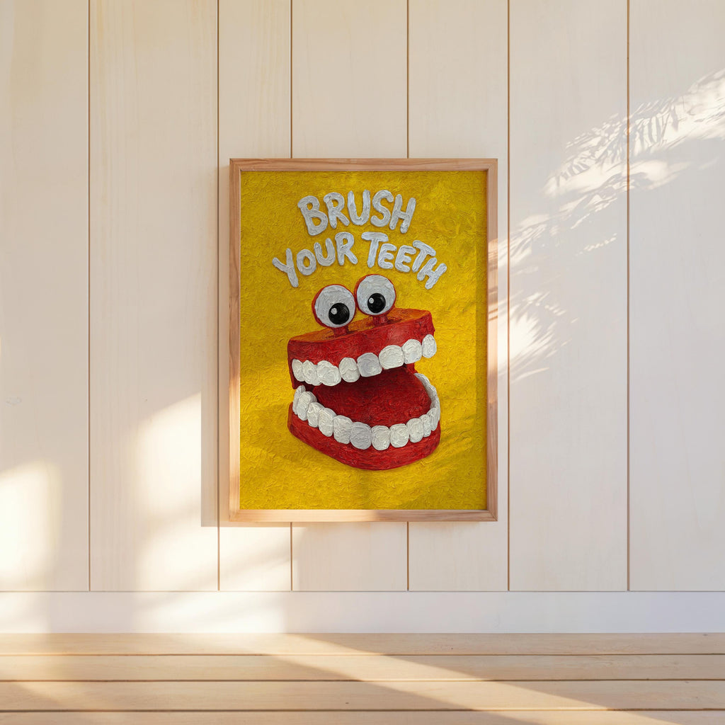 Brush Your Teeth Poster, Funny Kids Bathroom Wall Art, Retro Toothbrush Illustration, Playful Dental Decor, Quirky Dentist Gift