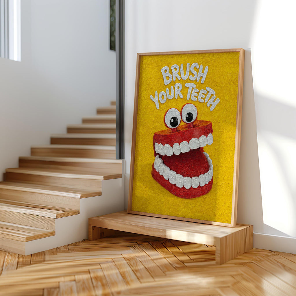 Brush Your Teeth Poster, Funny Kids Bathroom Wall Art, Retro Toothbrush Illustration, Playful Dental Decor, Quirky Dentist Gift