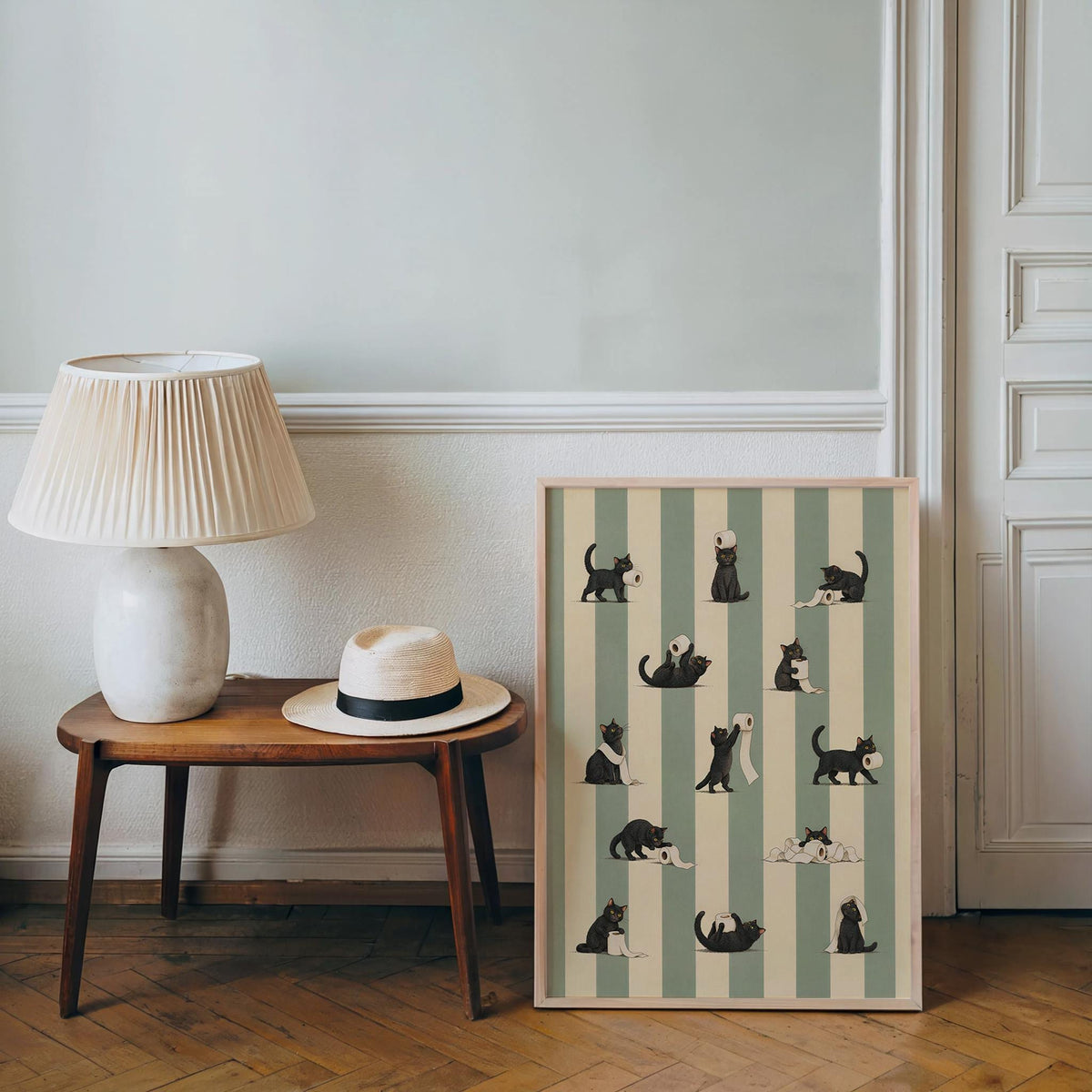 Cat Bathroom Print, Funny Toilet Paper Cats, Vintage Striped Animal Wall Art, Quirky Restroom Decor