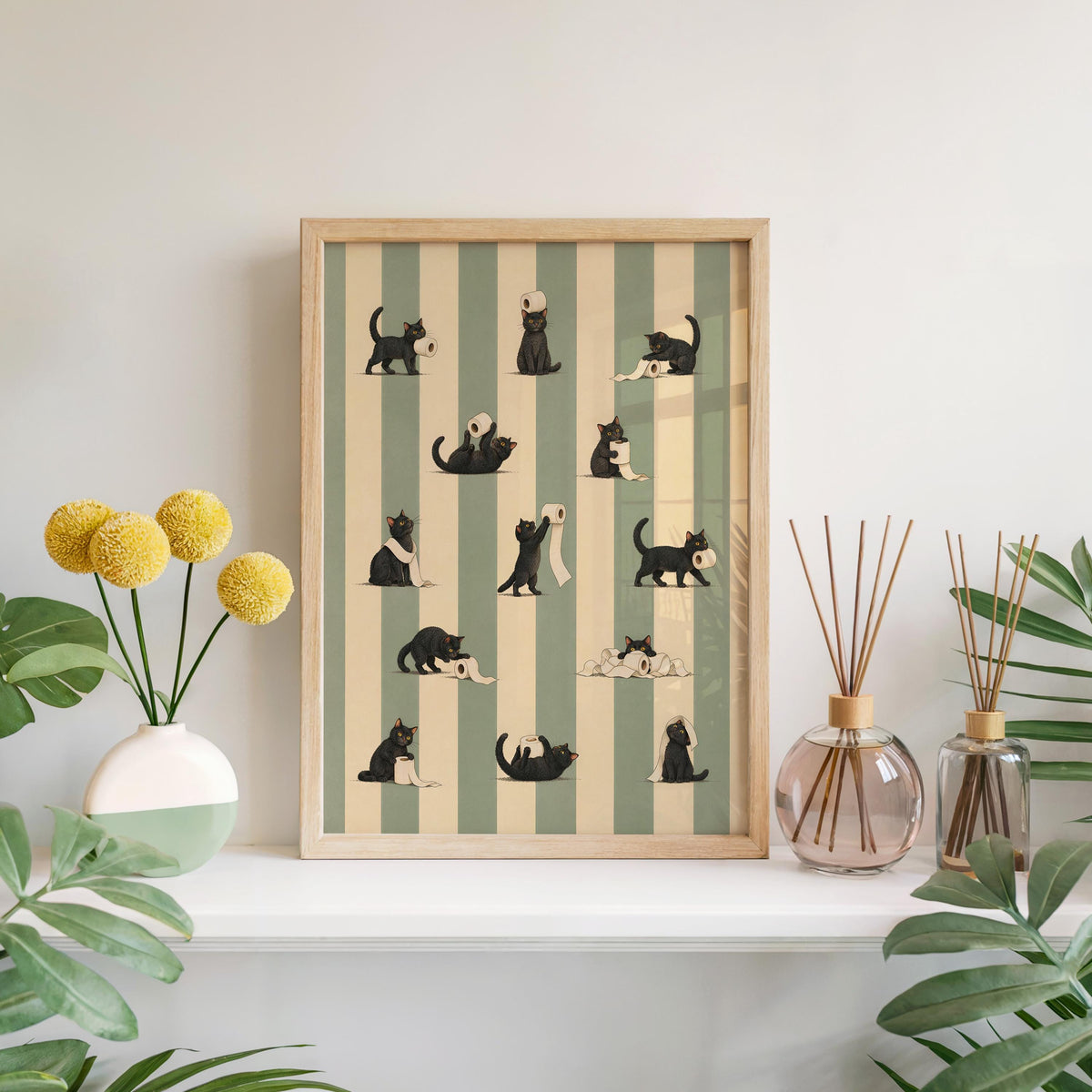 Cat Bathroom Print, Funny Toilet Paper Cats, Vintage Striped Animal Wall Art, Quirky Restroom Decor