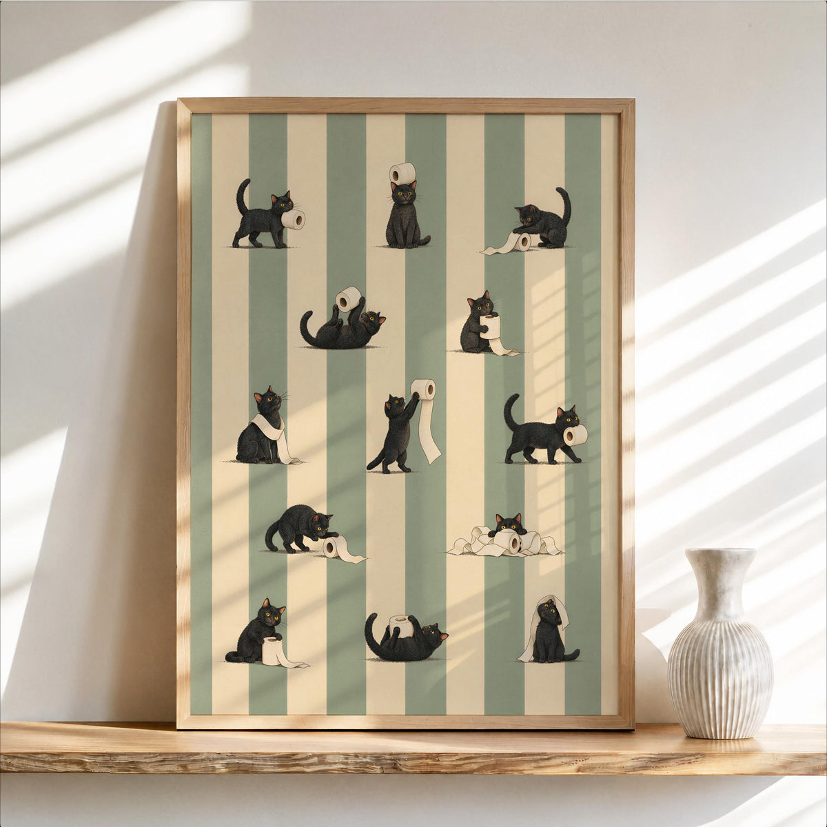 Cat Bathroom Print, Funny Toilet Paper Cats, Vintage Striped Animal Wall Art, Quirky Restroom Decor
