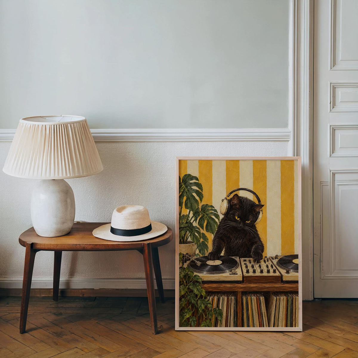 DJ Cat Print, Record Player Turntable Wall Art, Funny Music Room Black Cat Poster, Vinyl Lover Gift, Striped Decor
